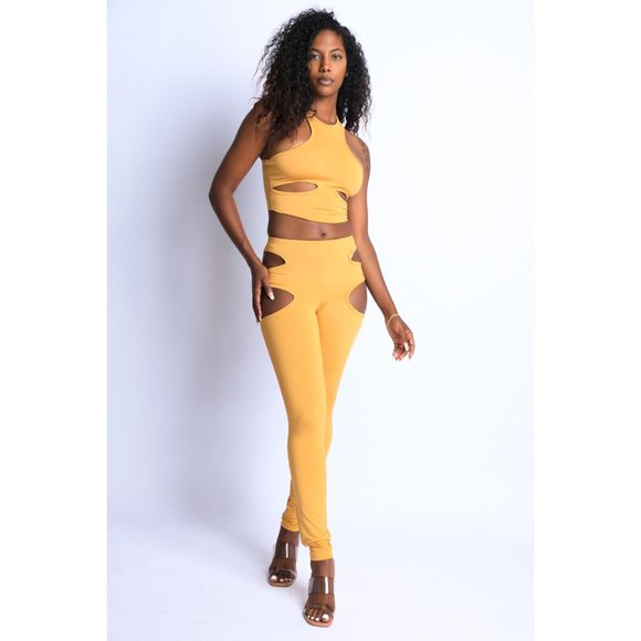 Women's Sexy Cut-Out Detailed Halter Crop Top & Matching Leggings Set Club Party - Picture 11 of 12